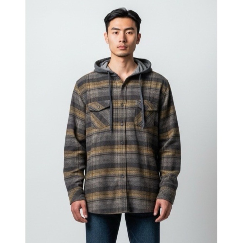 Burnside Men's M Hooded Flannel Button Up Shirt Gray Plaid New Outdoors